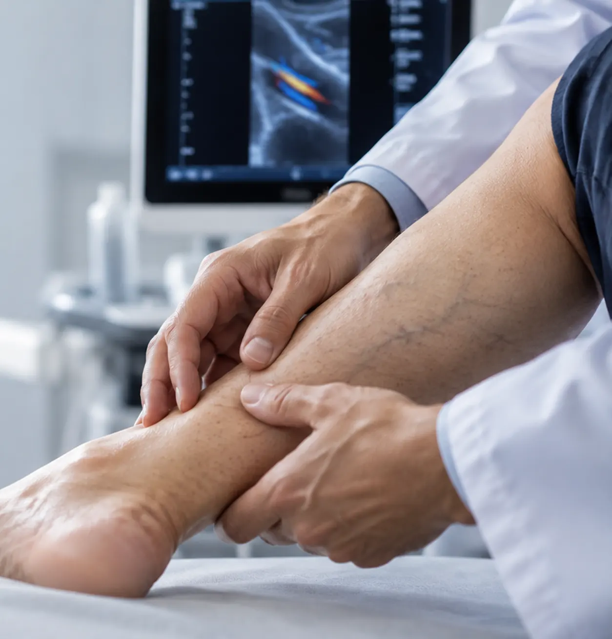 Profesional médico evaluando la circulación de la pierna de un paciente durante una consulta vascular.