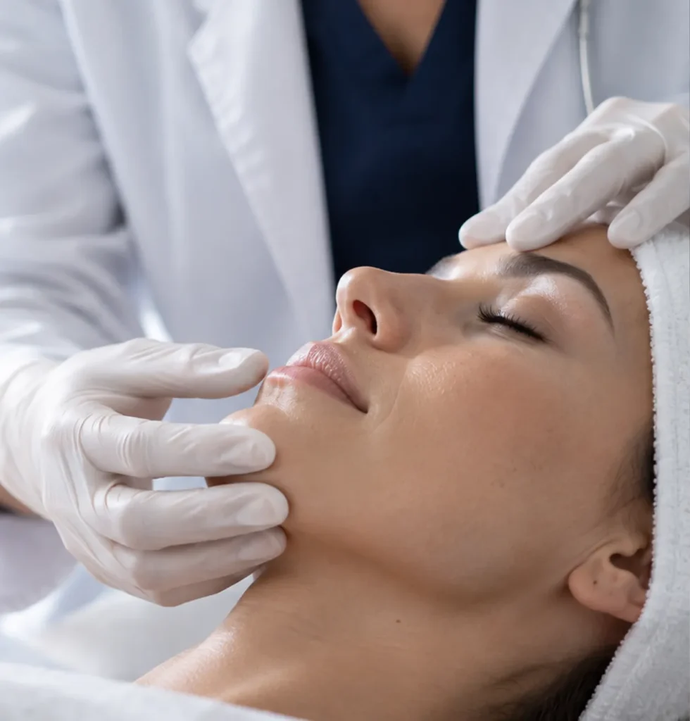 Profesional de Medicina Estética realizando una evaluación facial durante una consulta.