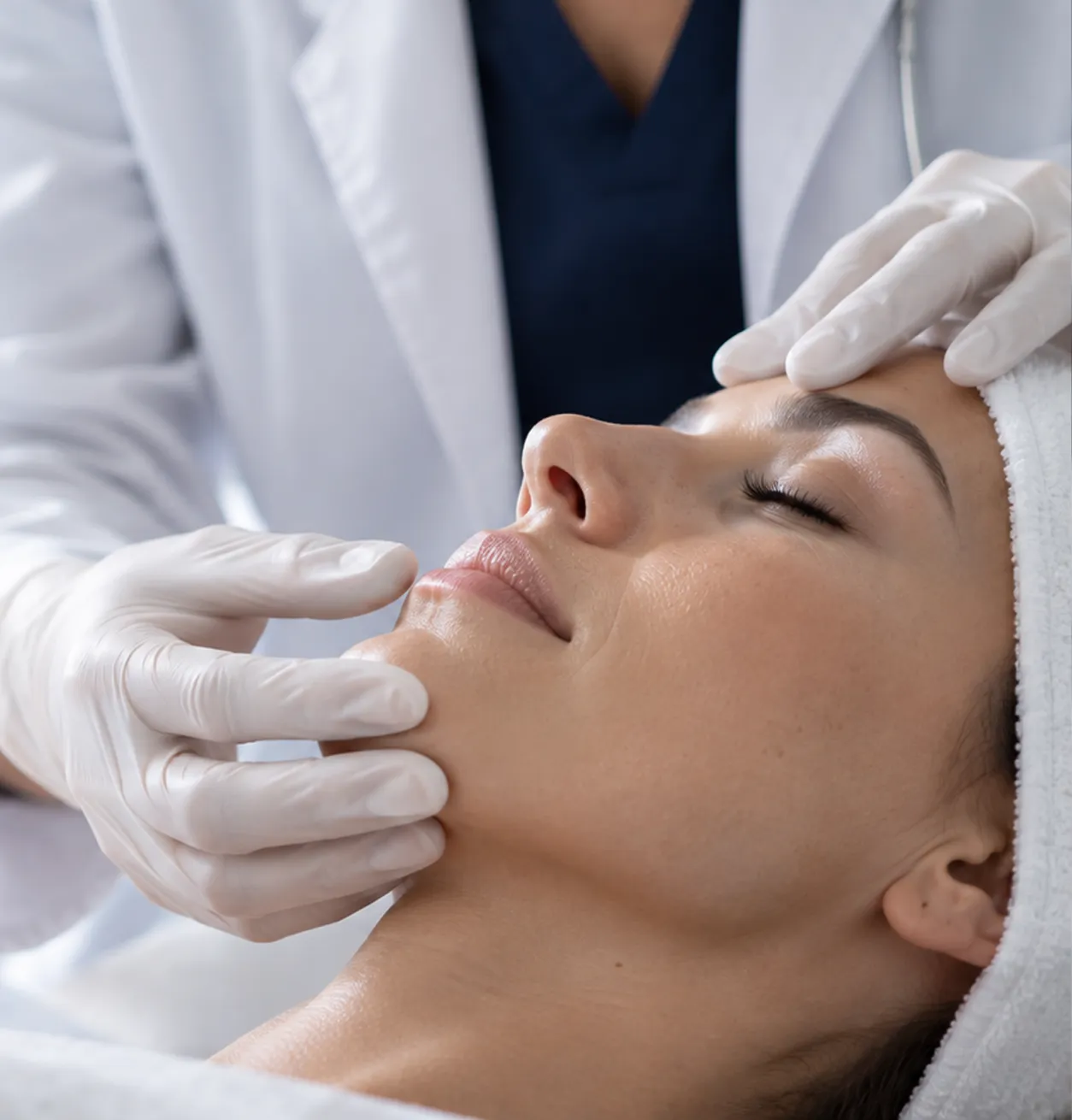 Profesional de Medicina Estética realizando una evaluación facial durante una consulta.
