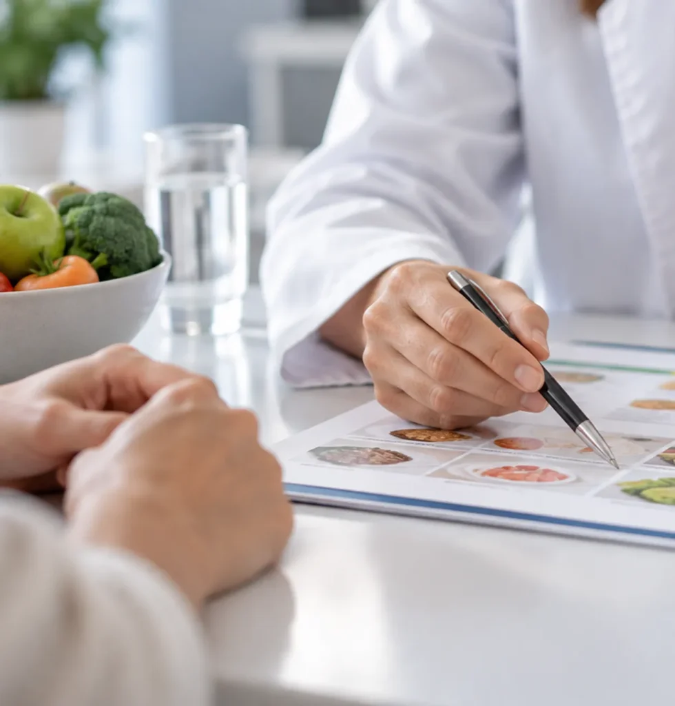 Nutricionista explicando un plan de alimentación durante una consulta.
