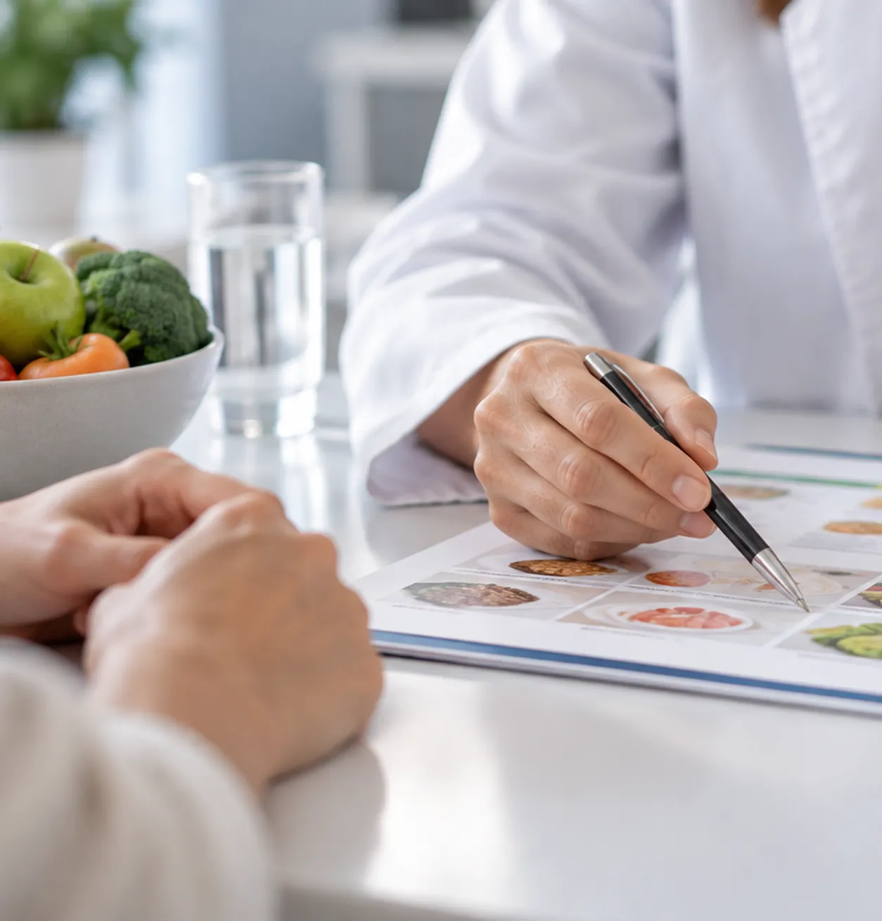 Nutricionista explicando un plan de alimentación durante una consulta.
