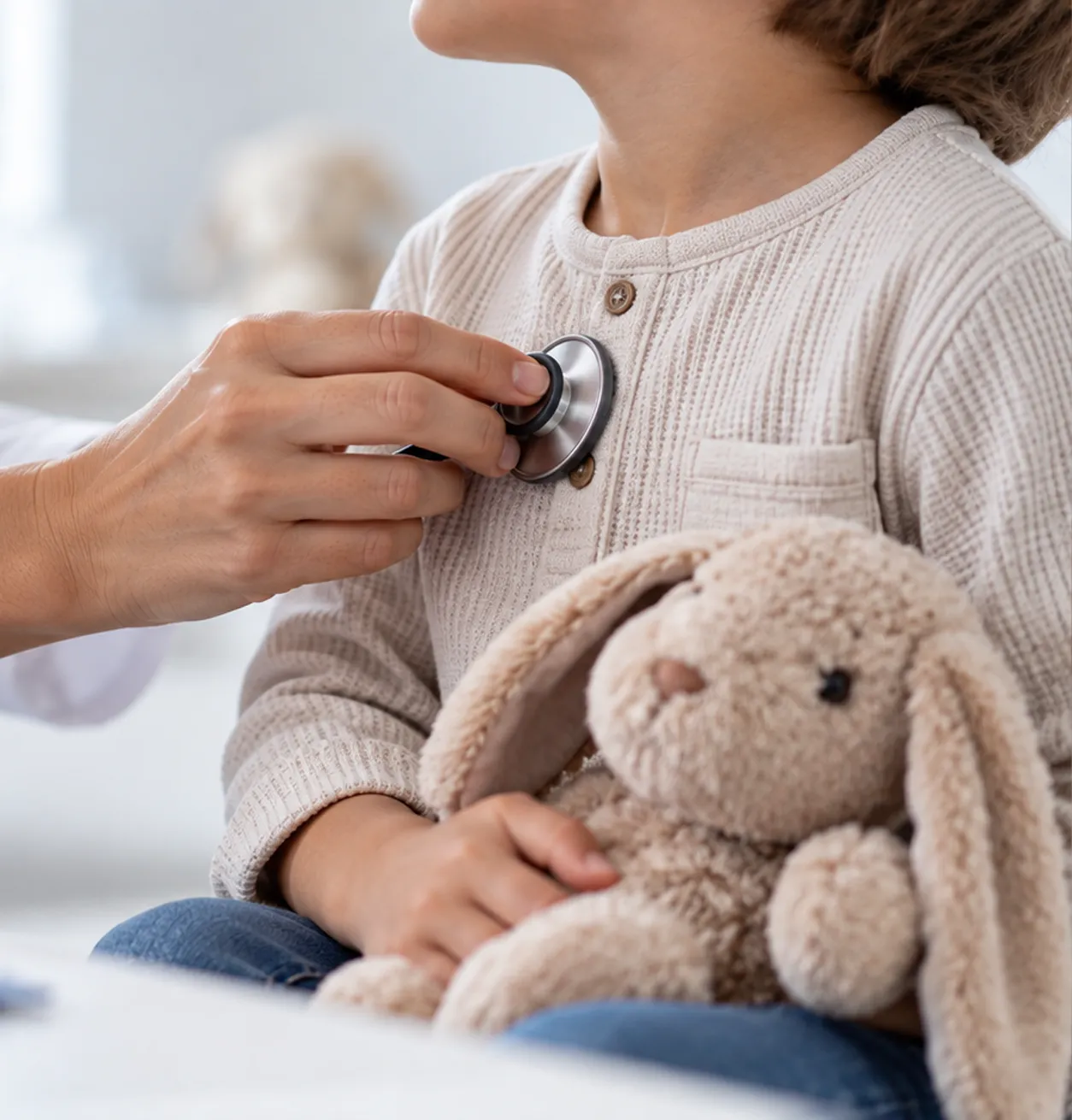 Pediatra realizando una auscultación durante el control clínico de un niño.