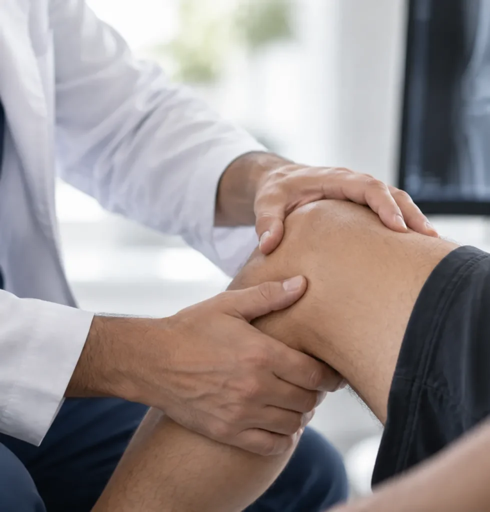 Traumatólogo evaluando la rodilla de un paciente durante una consulta ortopédica.